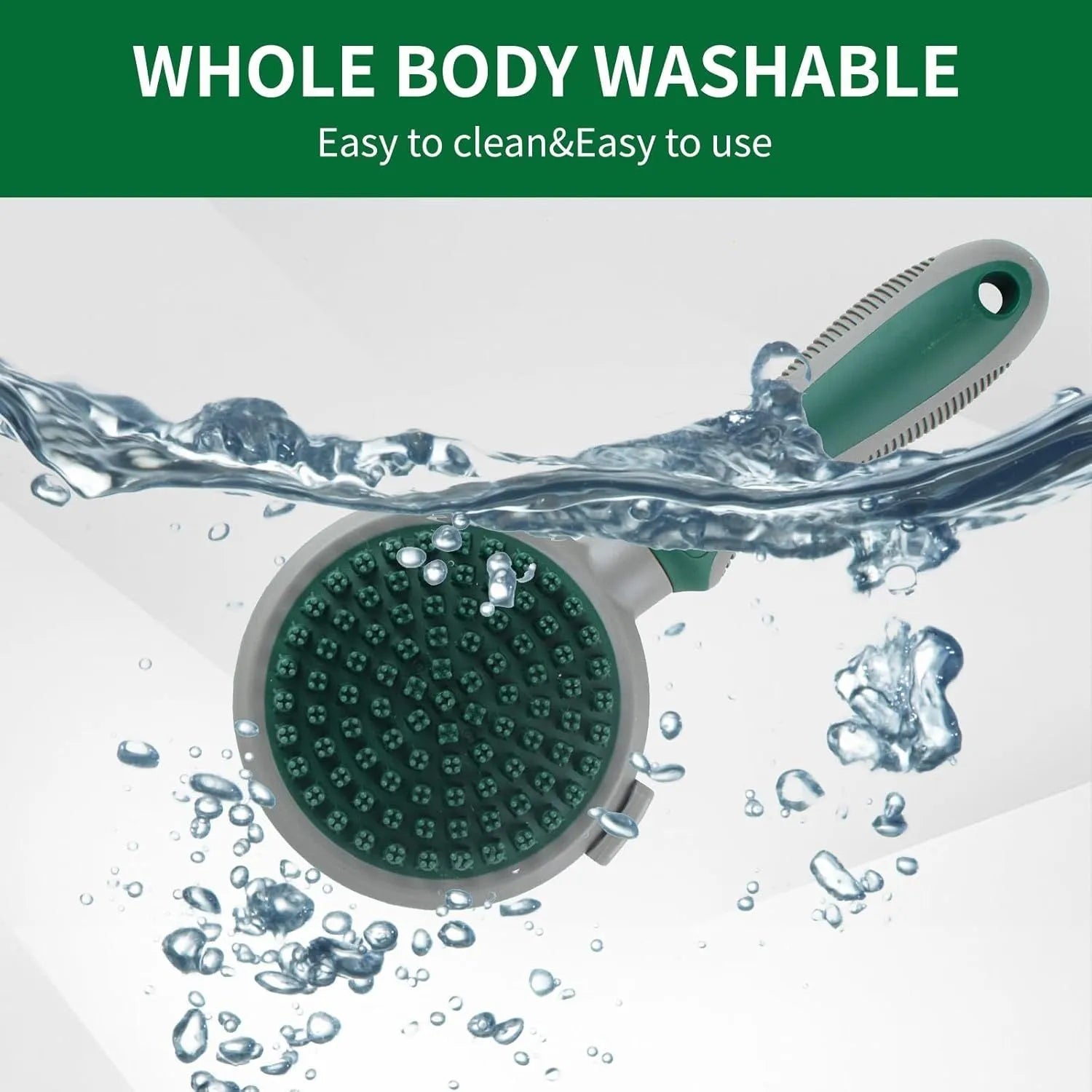 Green and pink 2-in-1 silicone pet grooming brush with retractable slicker and octopus-teethed massager