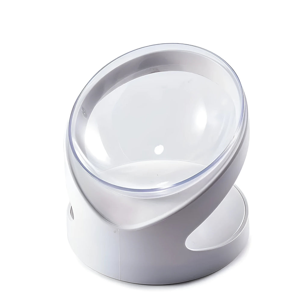 White elevated clear cat food bowl with anti-vomit tilt design