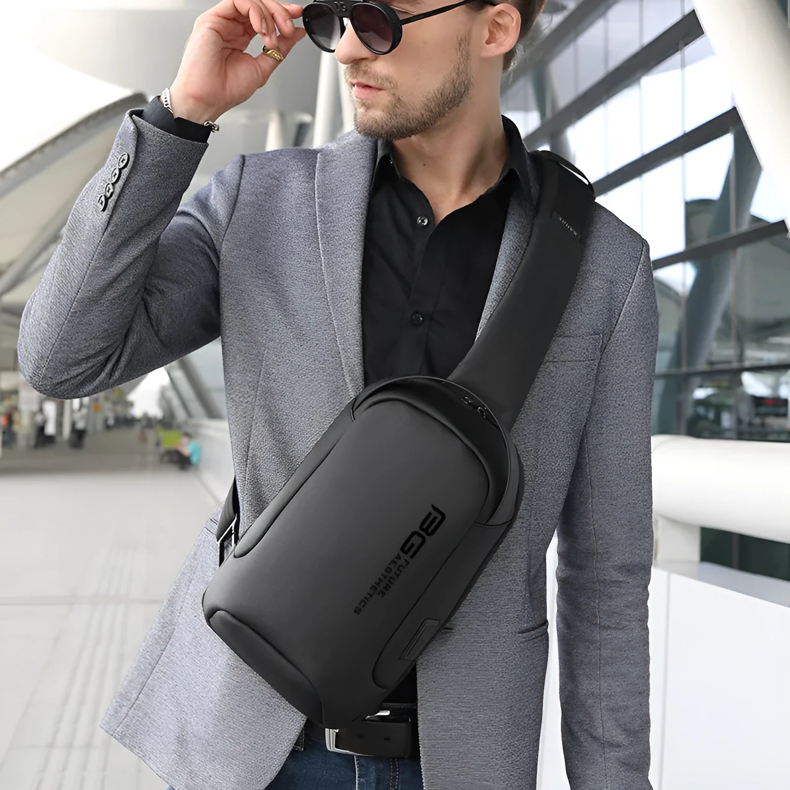Men's Oxford cloth USB shoulder bag in business travel colours with wear-resistant construction