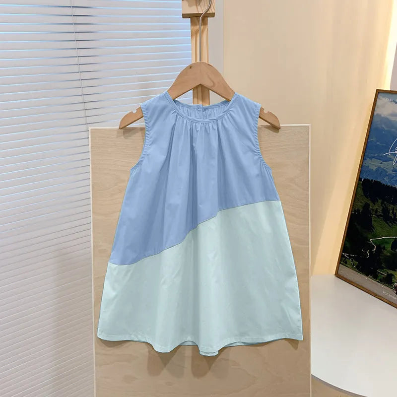 Girls cotton sleeveless suspender dress colour matching, available in cream yellow, pink, hibiscus purple, tail green, sizes 80-150cm