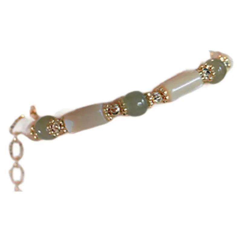 Handmade Hetian Jade white lip shell bracelet with round natural jade beads in geometric style
