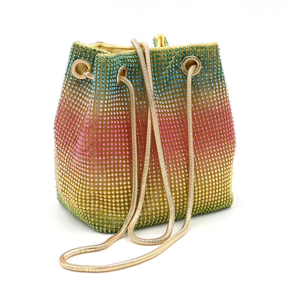 Rainbow rhinestone bucket handbag with glittering multicolour sparkle and crossbody strap