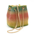 Rainbow rhinestone bucket handbag with glittering multicolour sparkle and crossbody strap