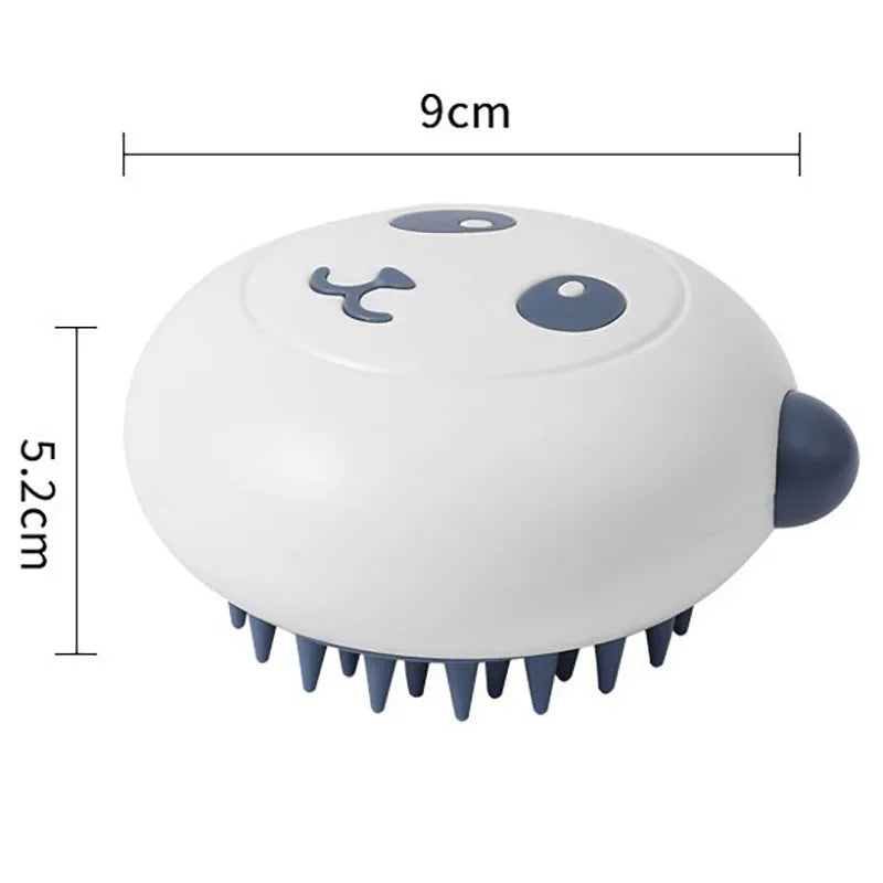 Panda-shaped silicone pet shower brush for bathing cats and dogs in blue.