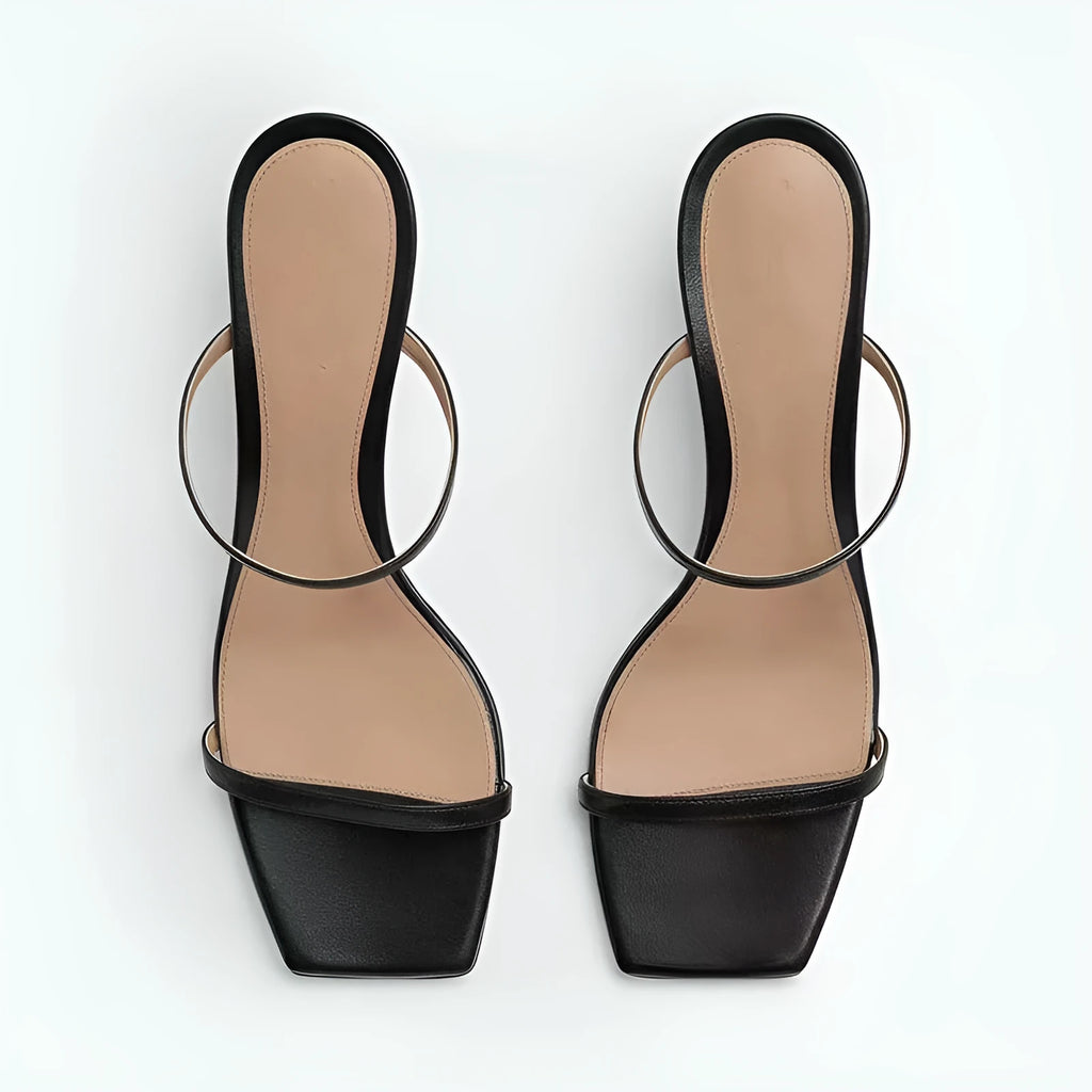 Women's black open toe slippers with square head PU upper, side view