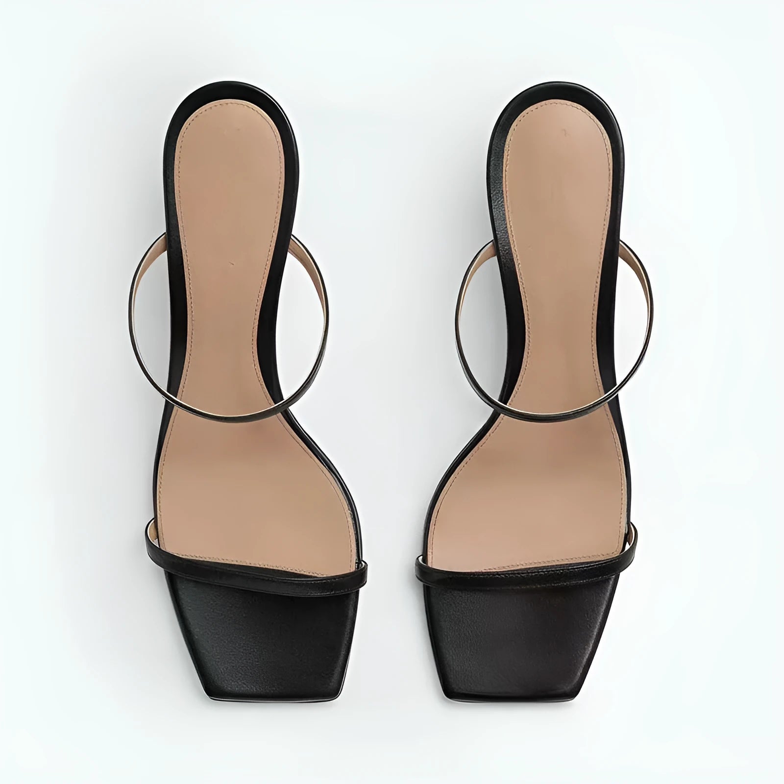 Women's black open toe slippers with square head PU upper, side view
