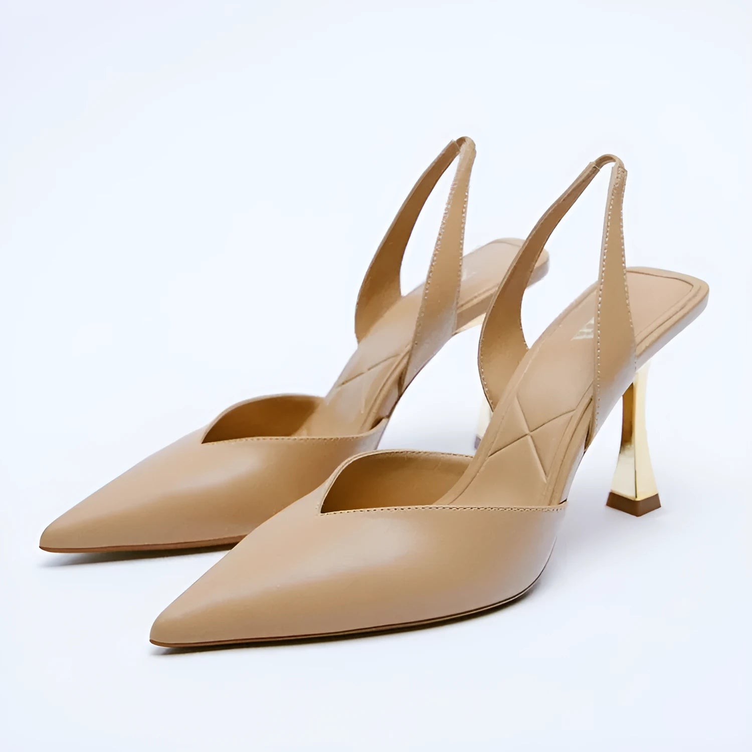 Women's patent leather pointed high heels with shallow mouth design in apricot colour