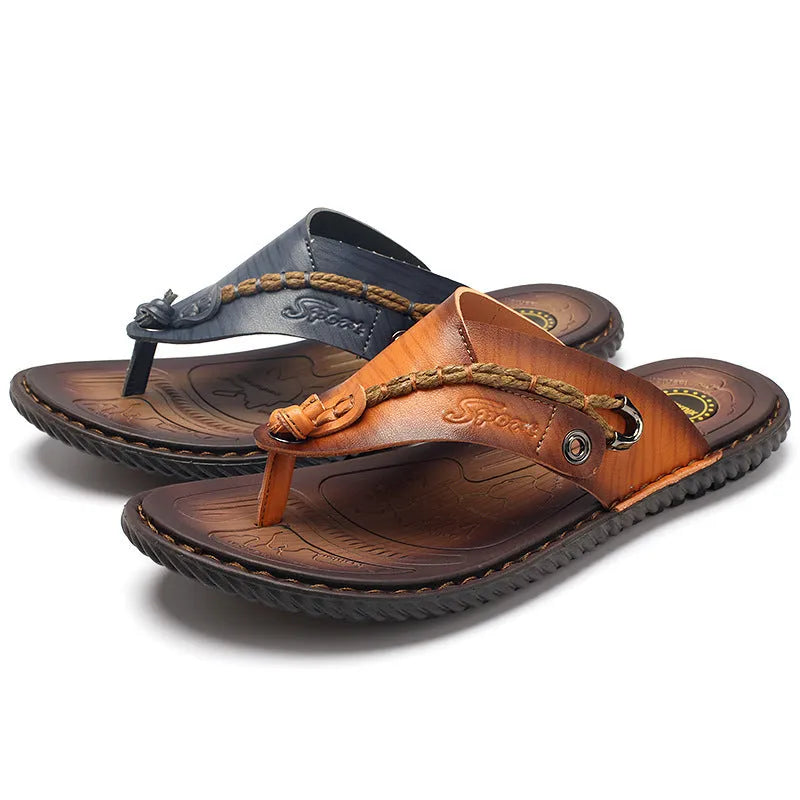 Men's dark blue herringbone-patterned outdoor slippers with artificial PU upper and rubber sole