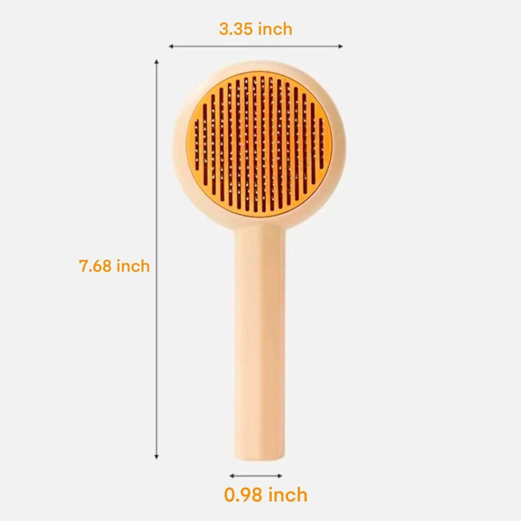 Blue and yellow pet grooming brush with self-cleaning button and angled wire needles