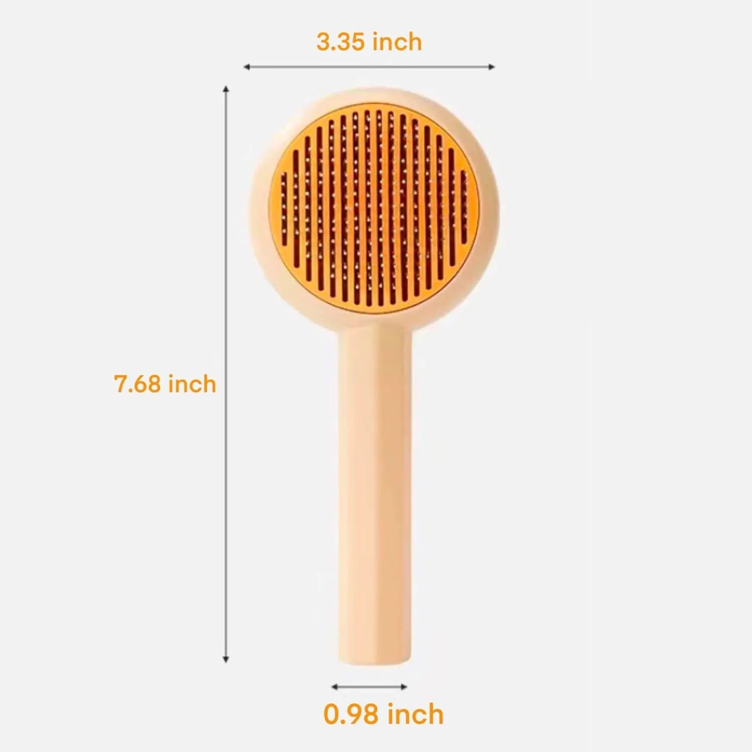 Blue and yellow pet grooming brush with self-cleaning button and angled wire needles
