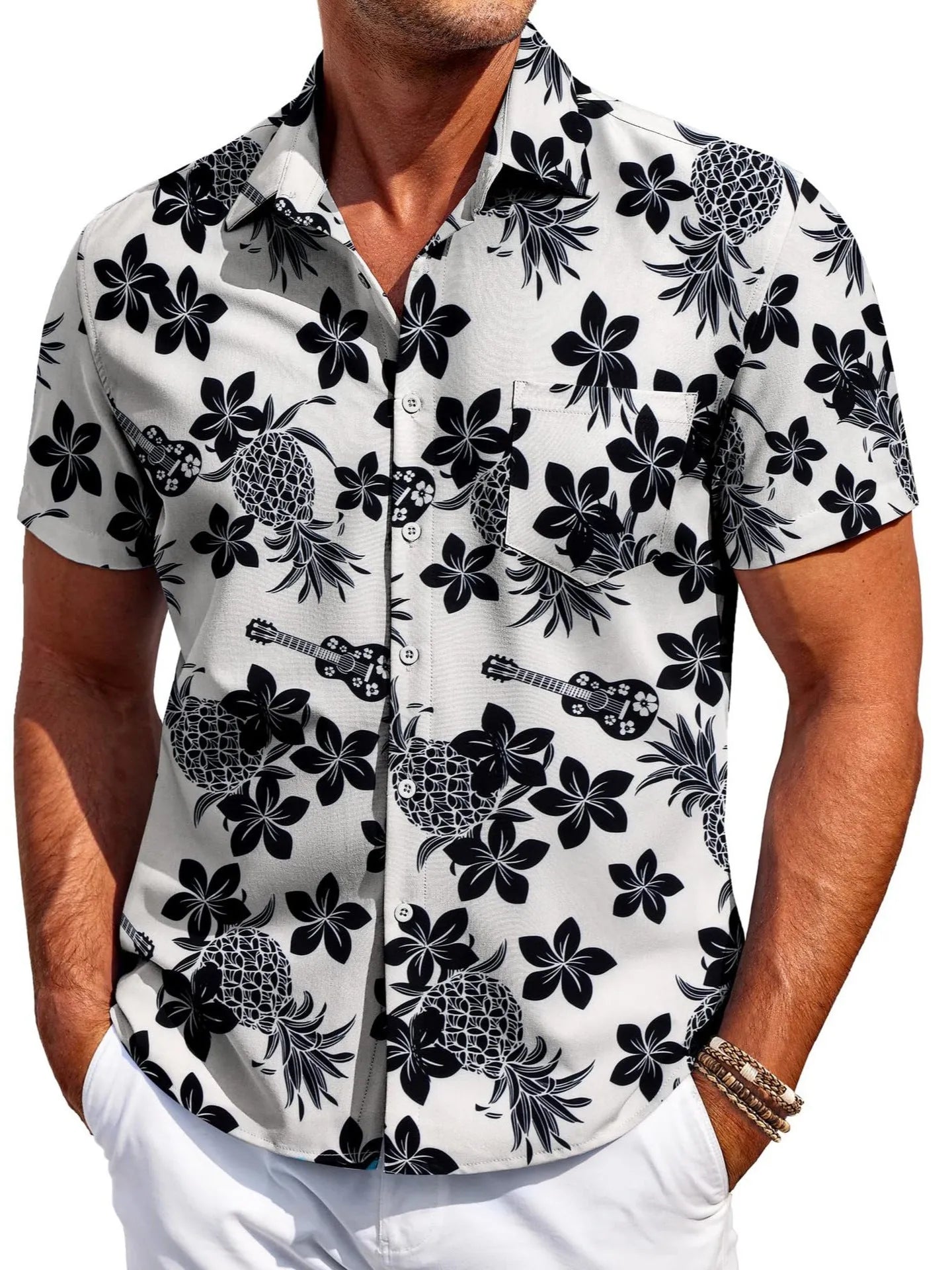 Men's slim fit Hawaiian short sleeve shirt in elastic polyester fabric