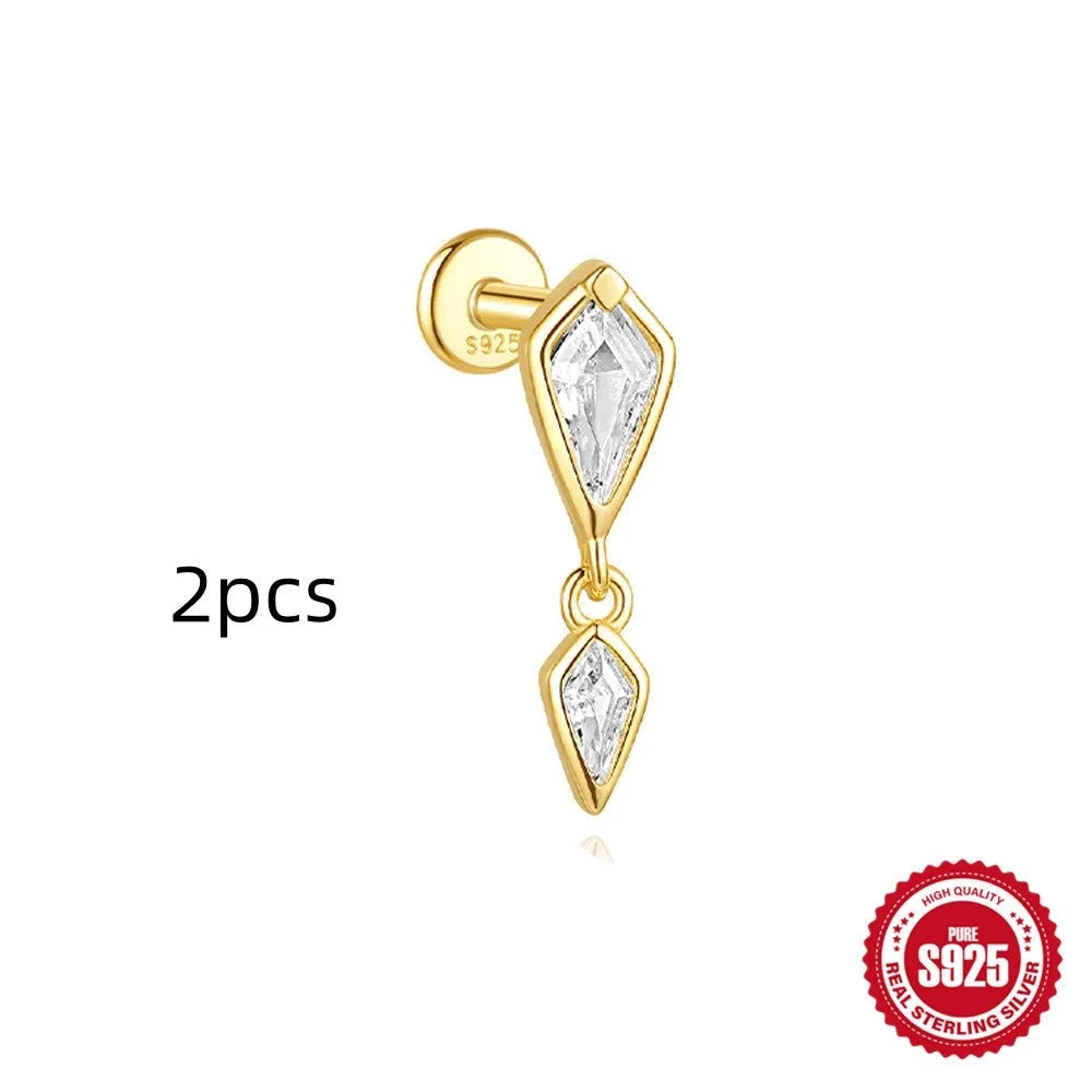 S925 sterling silver geometric kite earring with rhinestones and a chain tassel in a gold colour.