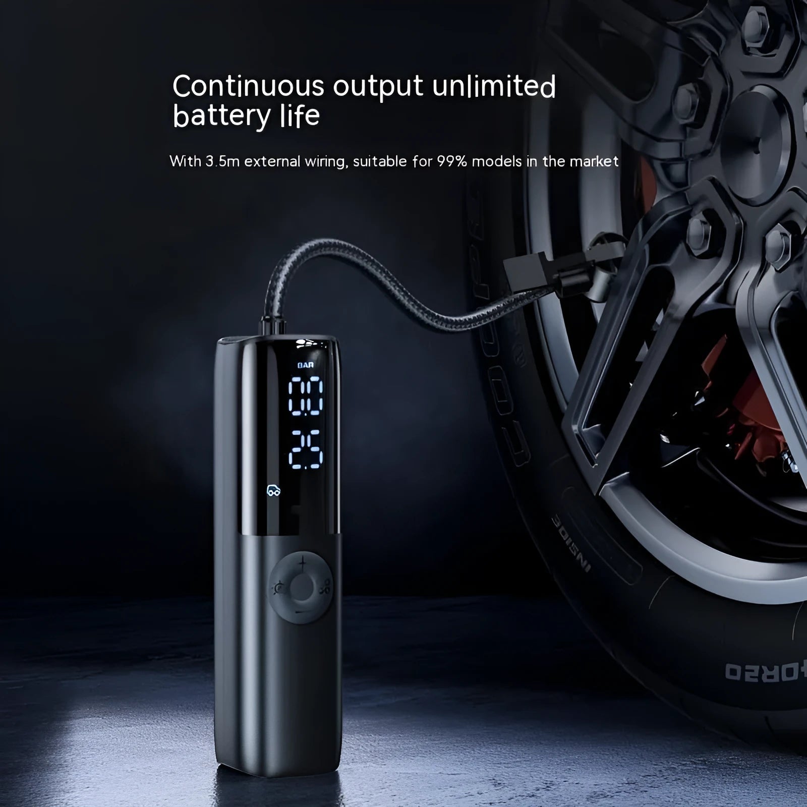 Black portable electric vehicle air pump with tyre pressure gauge and inflation tube