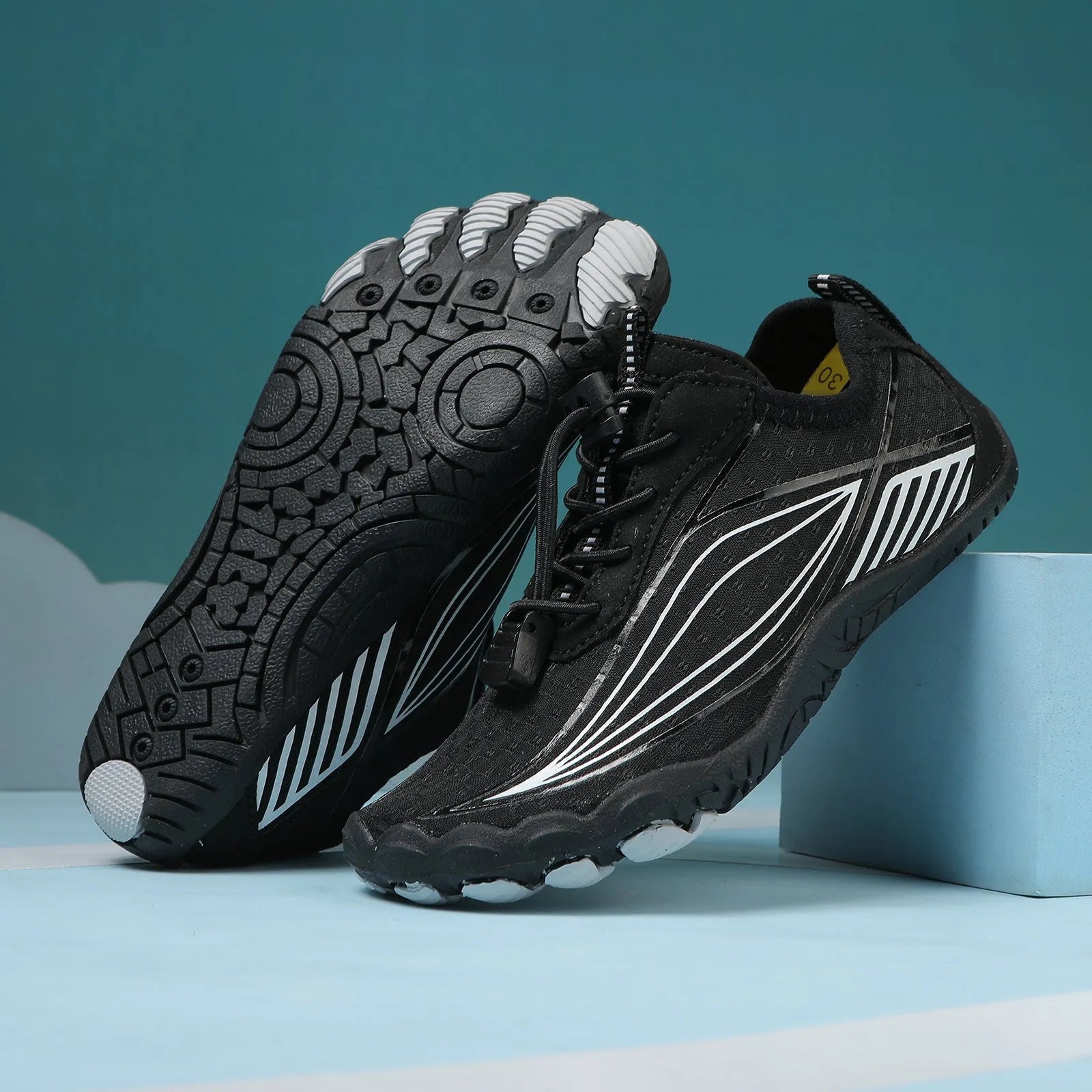 Children's quick-dry wading shoes with non-slip rubber sole in black, grey, blue, and pink colours