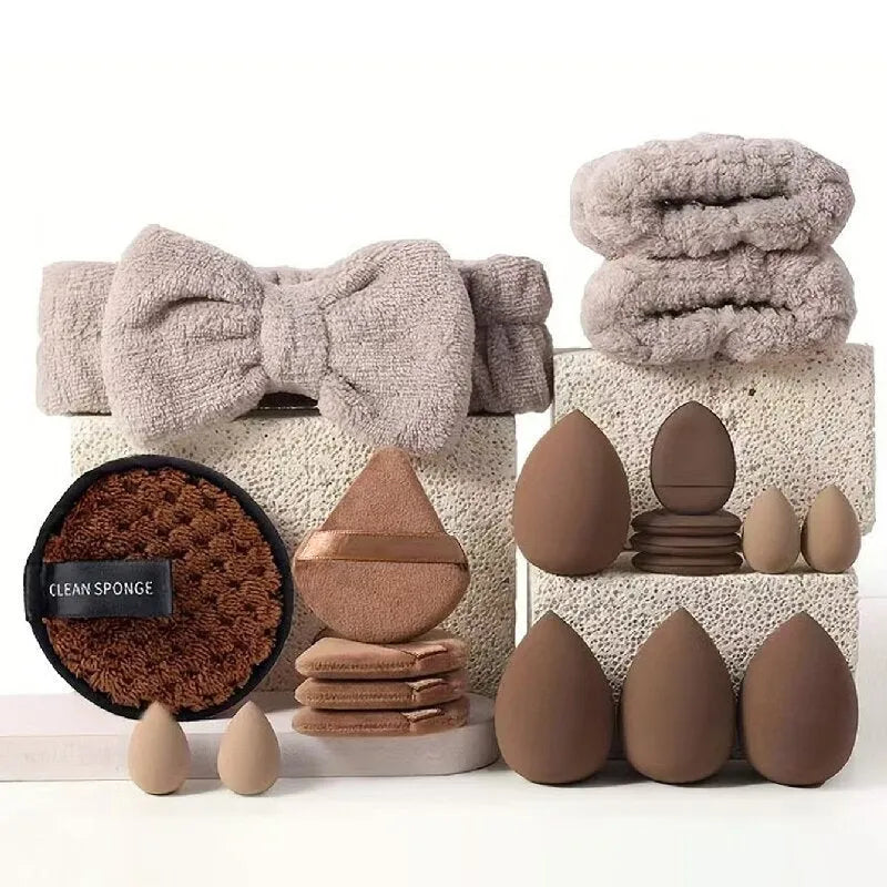 Hydrophilic non-latex beauty tools set with brushes in brown, pink, and purple colours for face washing and makeup