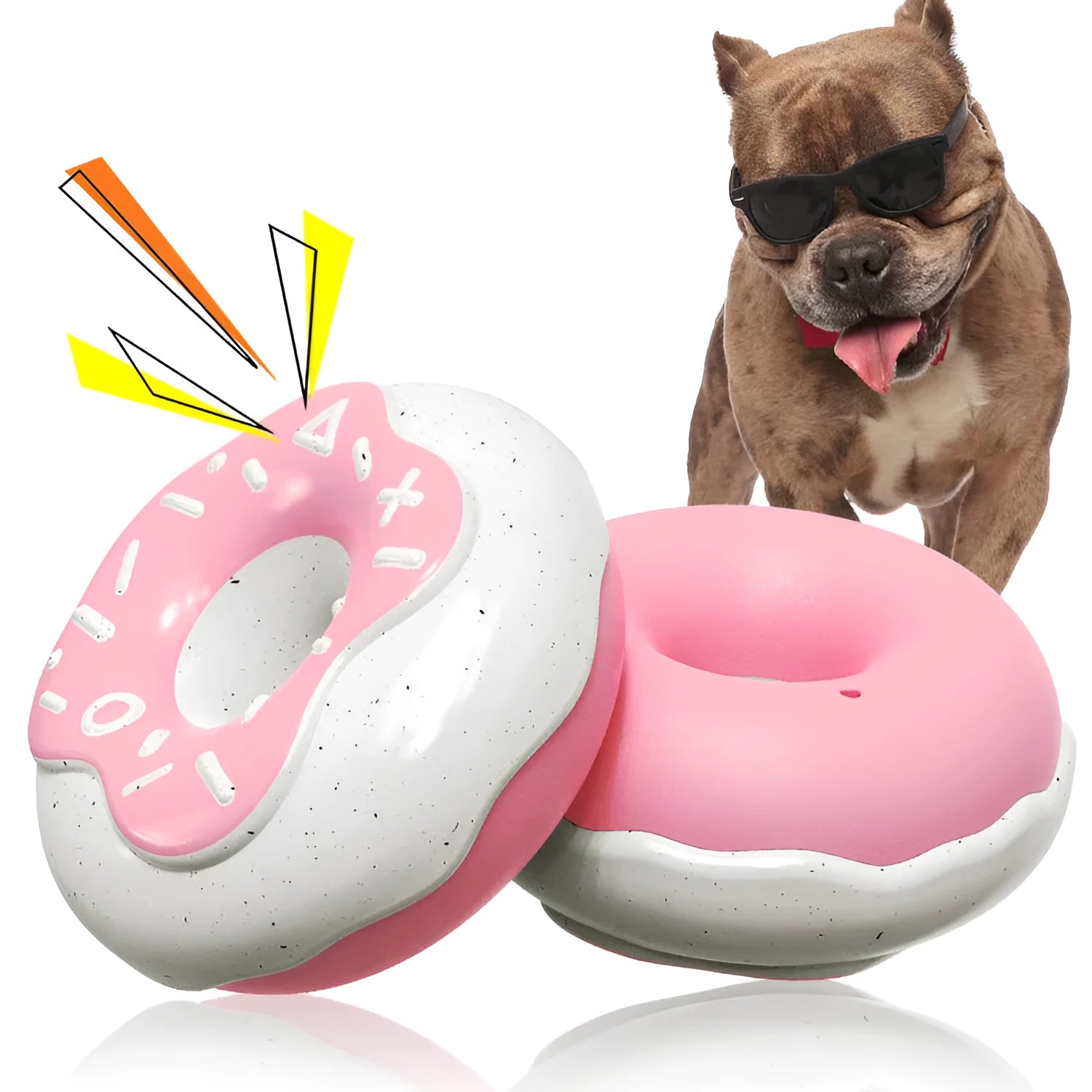 Pink, chocolate and yellow TPR donut-shaped dog chew toy with textured dental cleaning surface