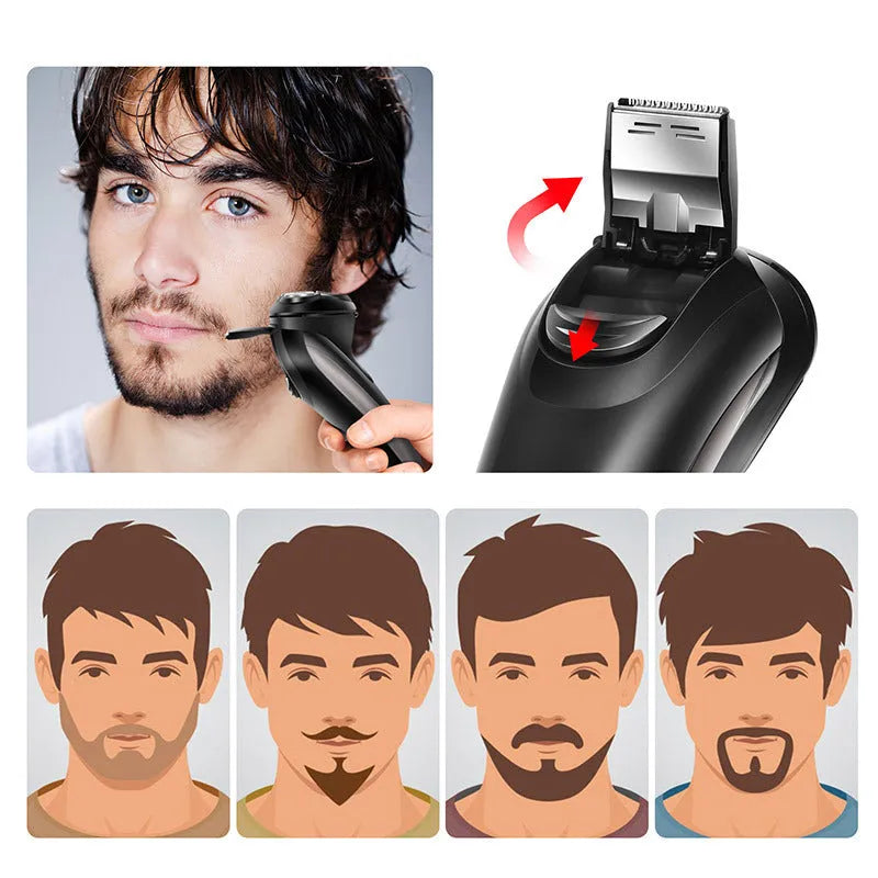 Men's electric shaver with three floating heads, pop-up sideburn trimmer, USB cable, and cleaning brush