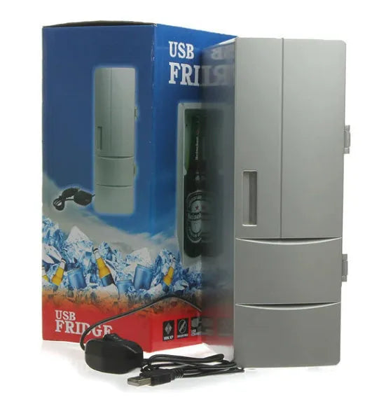 Silver USB mini fridge with LED light, holding two cans, compact size for desk