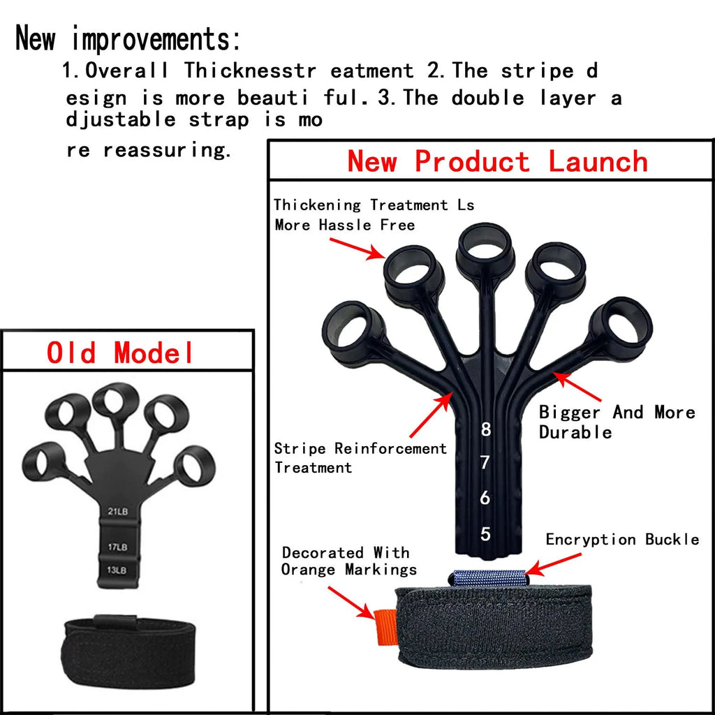 Black and grey silicone finger flexion extension trainer with adjusting belt