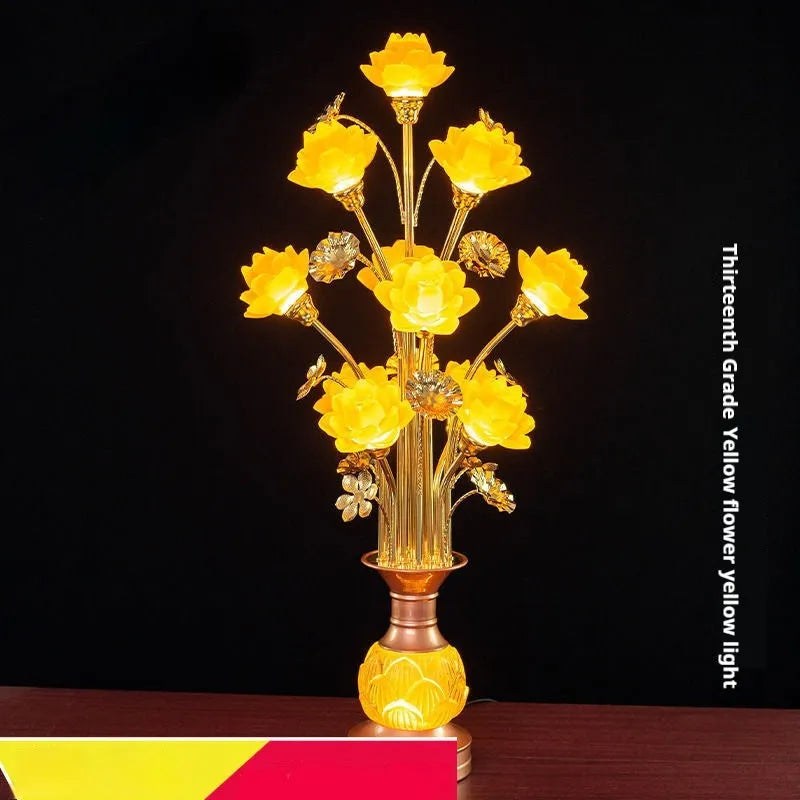 Colored glaze lotus lantern with alloy base, pink floral petals, and LED light for temple worship