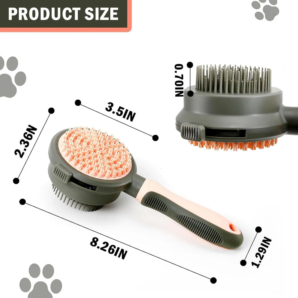 Pink and green double-sided cat grooming brush with flea comb attachment and release button