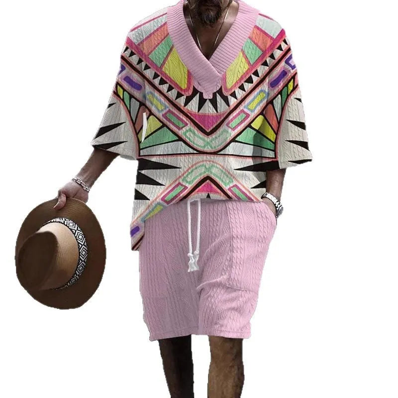 Loose casual short sleeve suit in polyester fibre with matching top and shorts