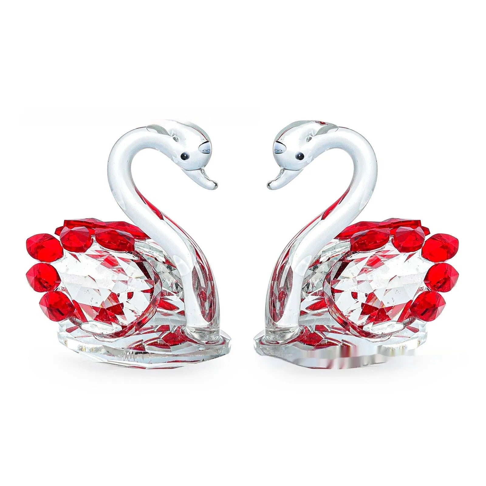 White crystal swan ornament on a desktop, shown in solid head and empty tube styles in red, blue, pink, and purple.