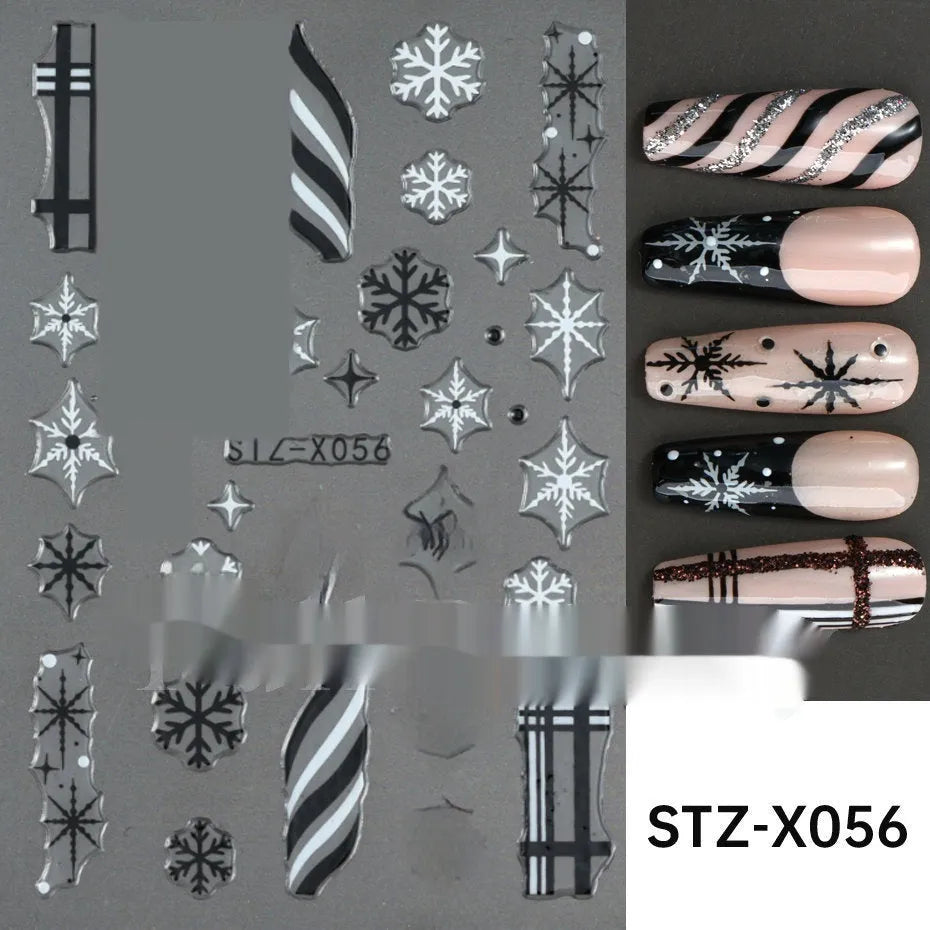 Pack of black and silver striped nail art stickers with cartoon and love pattern designs.