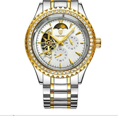 Men's automatic mechanical watch with stainless steel strap and round dial in gold finish
