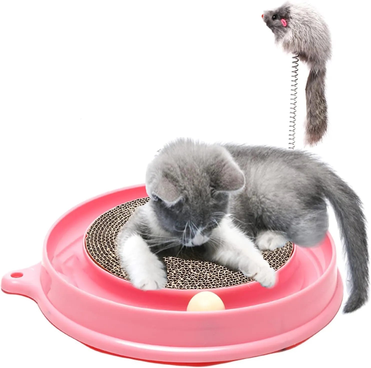 Blue circular cat scratcher with ball track and replaceable cardboard centre