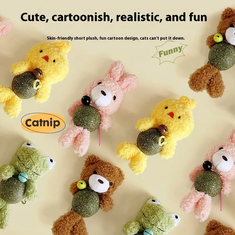Plush catnip ball toy in brown bear design with bell, measuring 15cm tall for kitten biting play