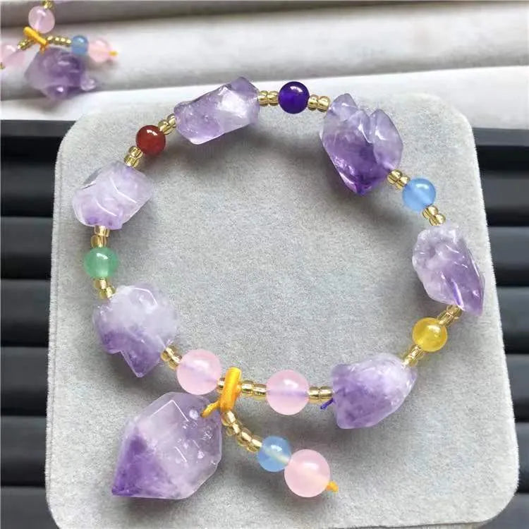 Natural shaped amethyst bead bracelet with fu character pendant for women's romantic styling