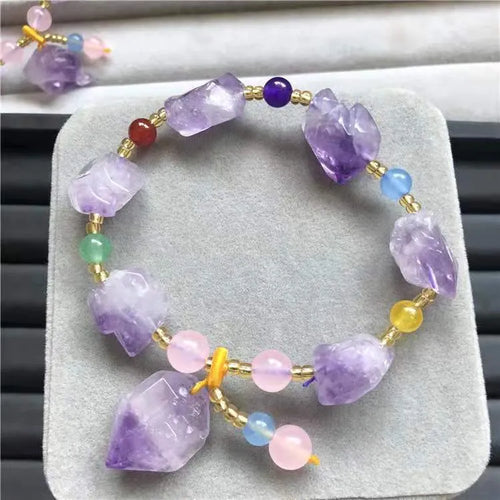 Natural shaped amethyst bead bracelet with fu character pendant for women's romantic styling