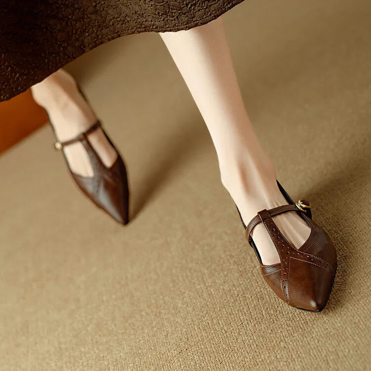 Brown cowhide leather pointed toe women's flat shoes with a low cut and mid heel