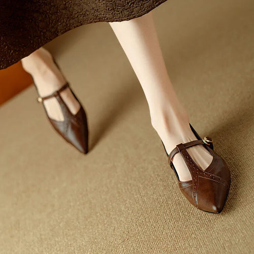 Brown cowhide leather pointed toe women's flat shoes with a low cut and mid heel