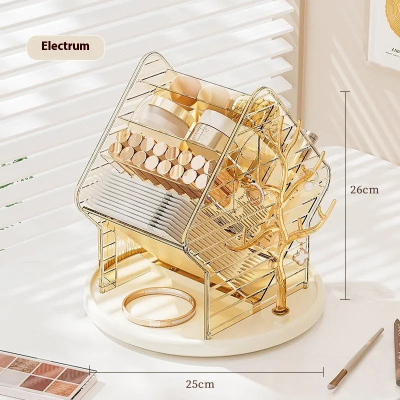 Rotating cosmetics storage box in clear or amber gold with 360-degree rotation mechanism