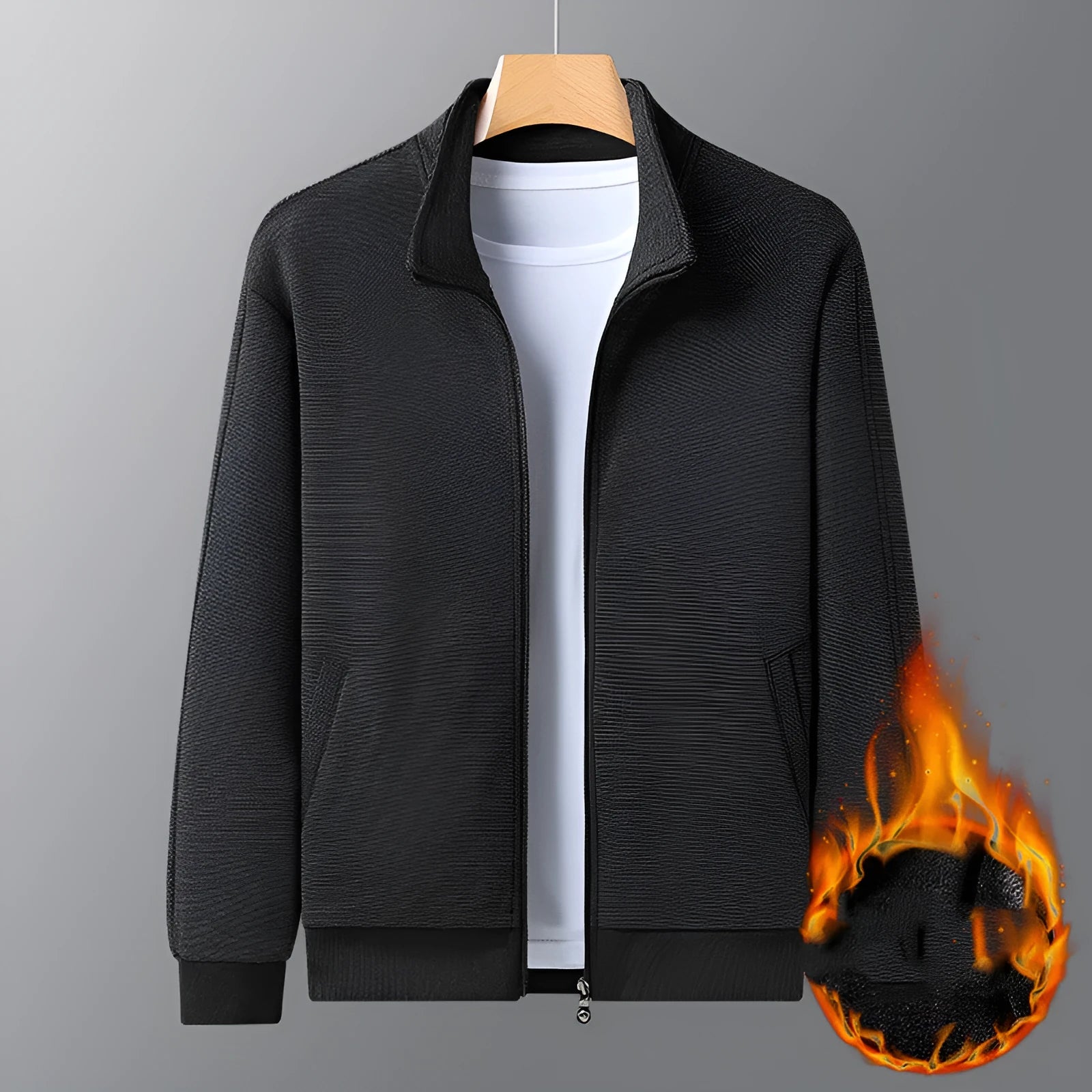 Men's casual athletic jacket with stand-up collar, zipper front, chemical fibre blend, black colour option