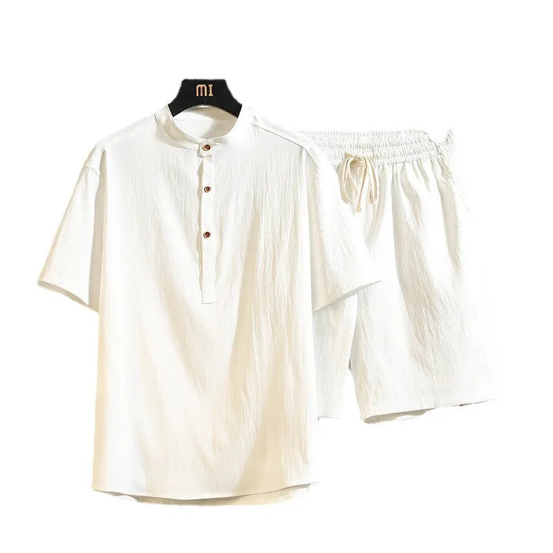 Chinese style two-piece suit with stand collar short sleeve top and shorts in multiple colours
