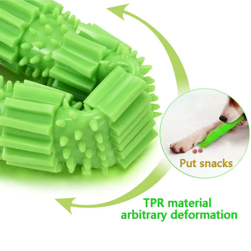 Green and orange durable rubber dog chew toy with squeaker and treat-dispensing hole.