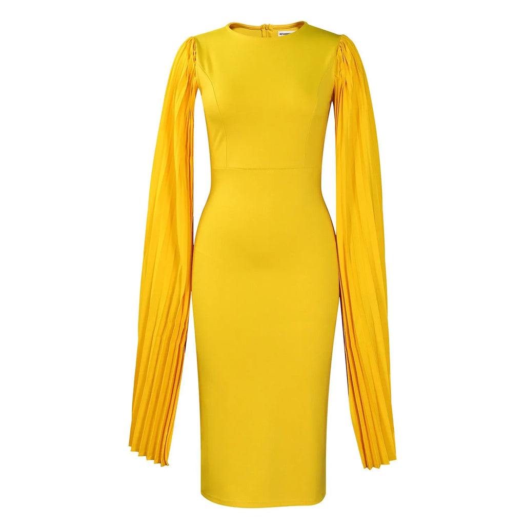 Yellow long sleeve evening gown with a high waist and pleated shawl collar on a mannequin.
