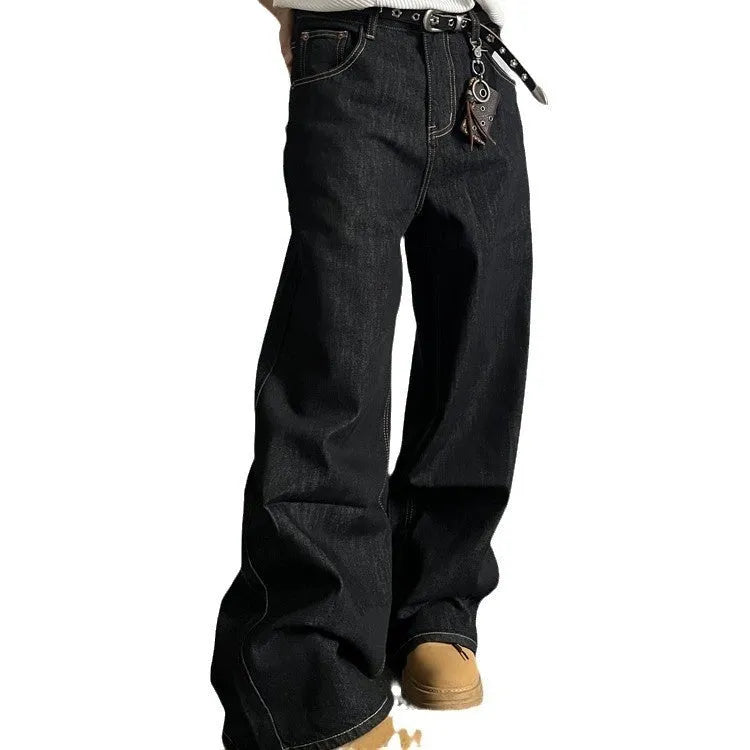 Black loose wide-leg retro denim jeans with straight-leg styling and mid-waist construction