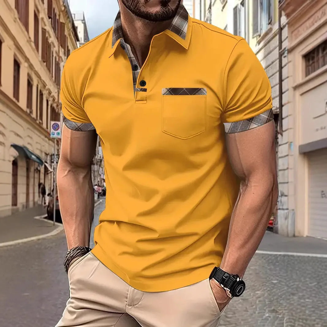 Men's loose fit plaid colourblock t-shirt with short sleeves and zipper decorations.