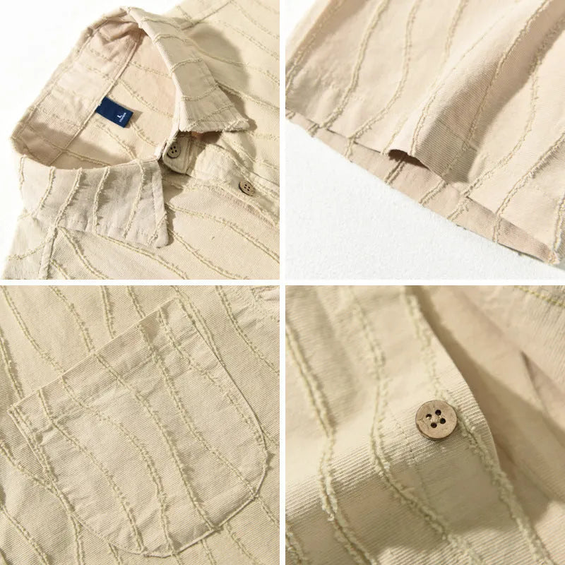 Men's apricot and army green pure cotton short sleeve casual shirt with Japanese fresh styling