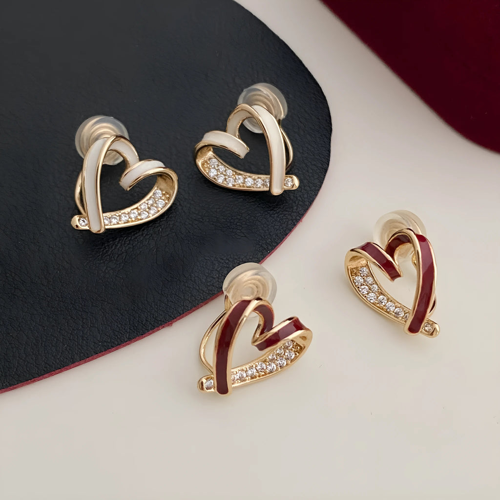 Micro-set zircon asymmetric heart earrings for women, copper base, white colour, ear clip style
