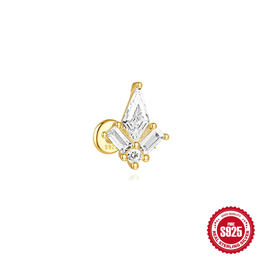 S925 sterling silver geometric kite earring with rhinestones and a chain tassel in a gold colour.