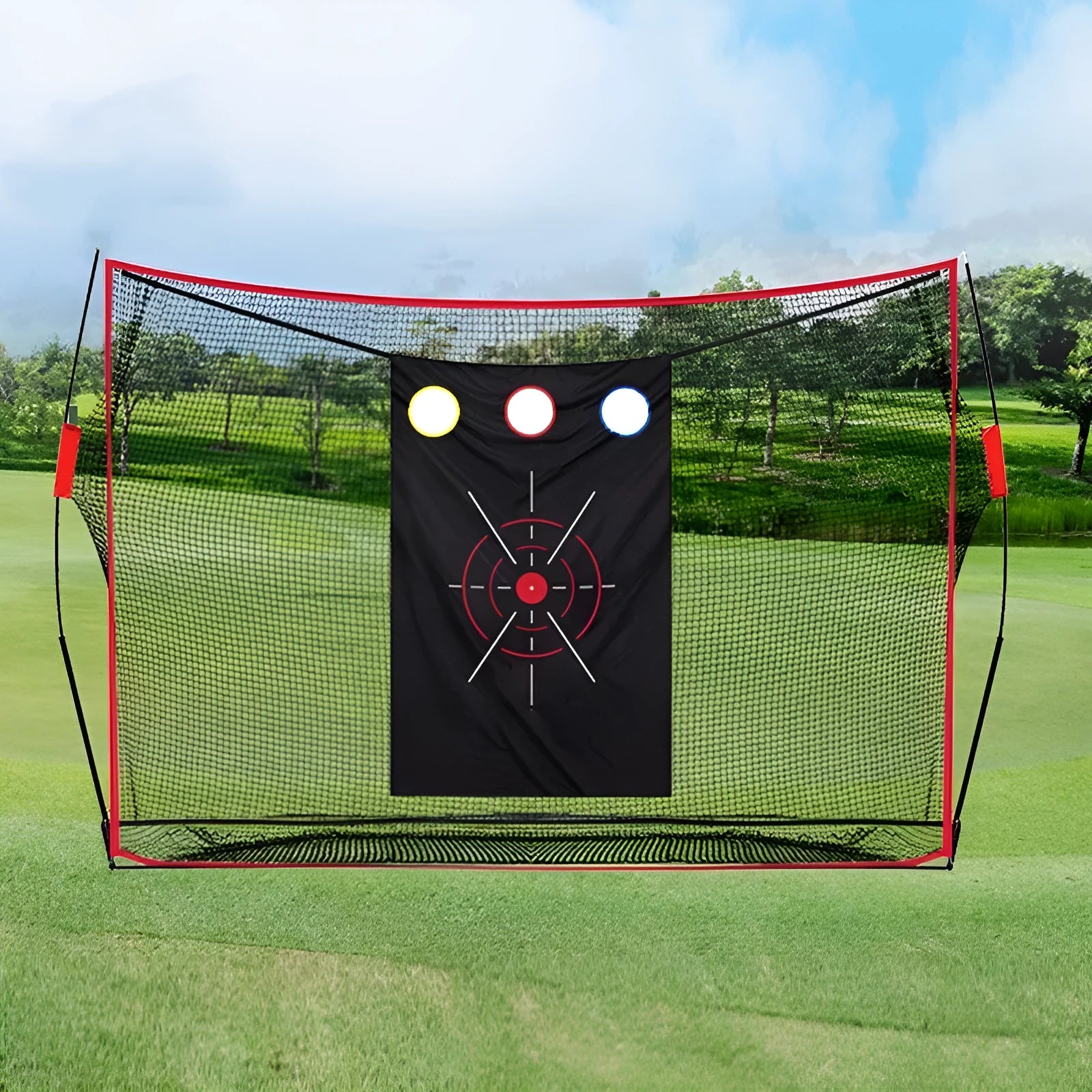 Golf wedge training net with 3-hole cross net on 30x60cm straw mat with practice balls and accessories