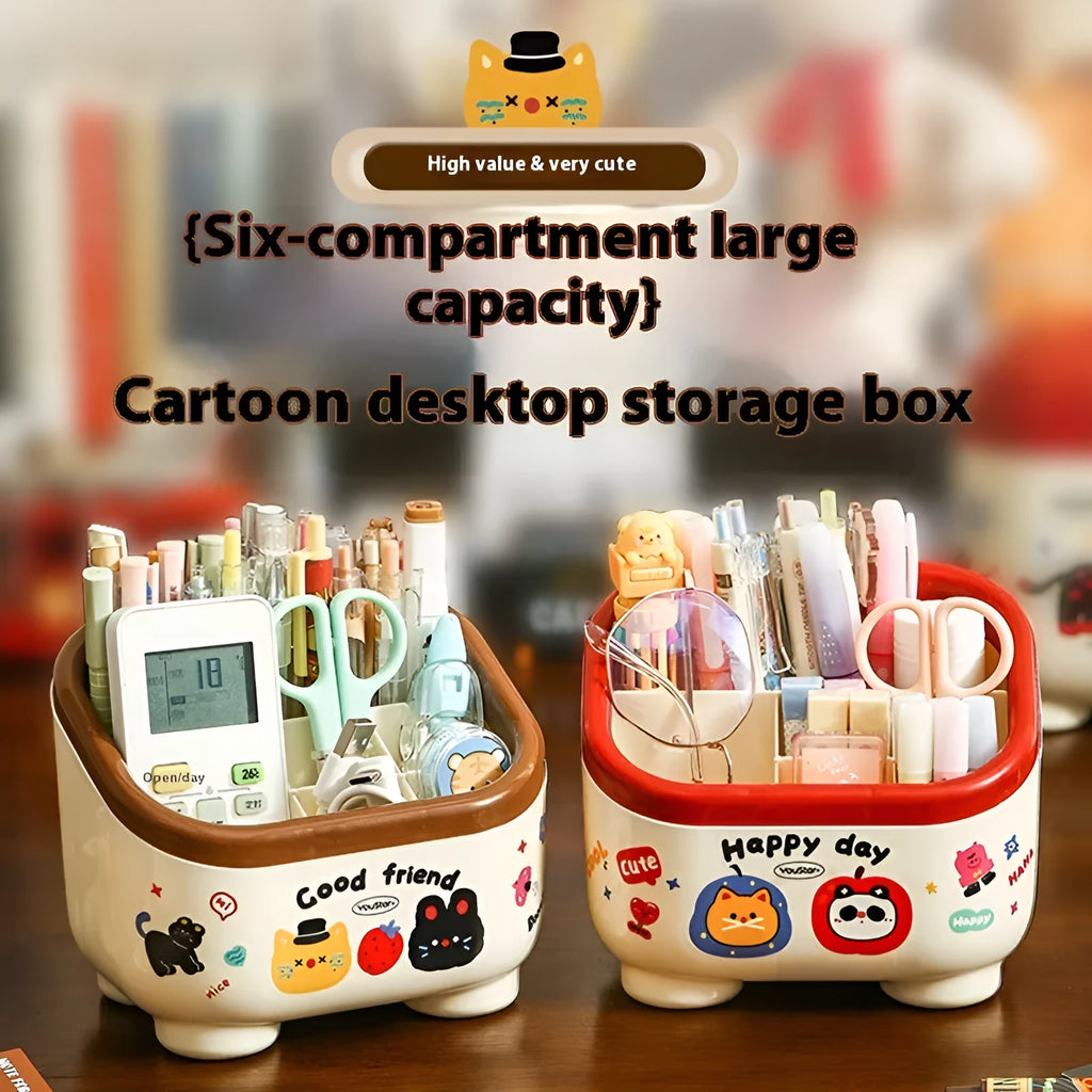 Cartoon-style red and brown plastic desktop storage organiser with 2L capacity and organisation stickers.