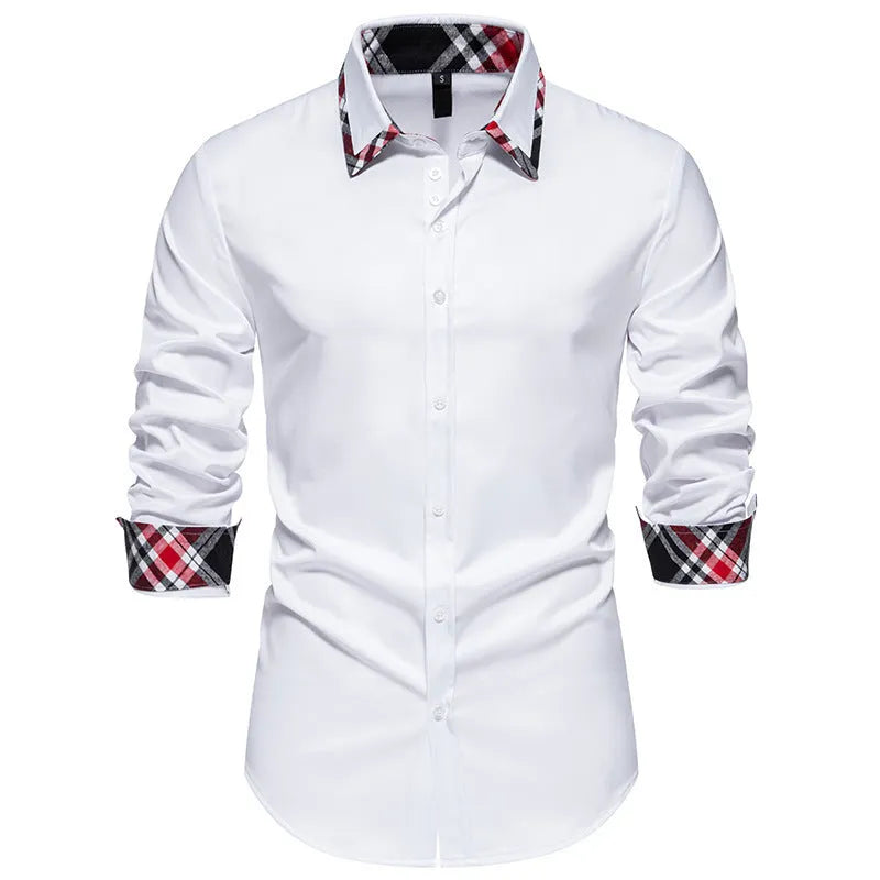 Men's polyester blend plaid shirt with triangle collar in black, blue or white colour options