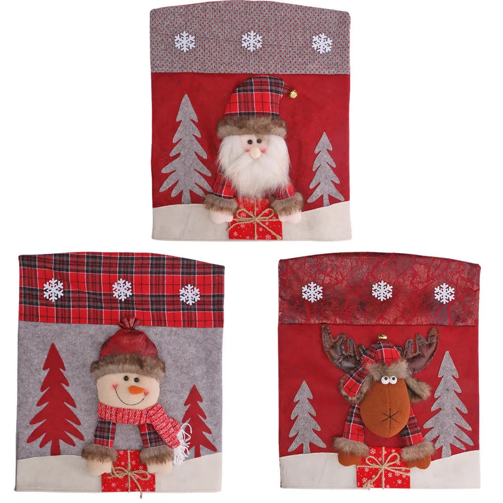 Three-dimensional cartoon chair cover set with Santa, snowman, and deer designs in cloth material