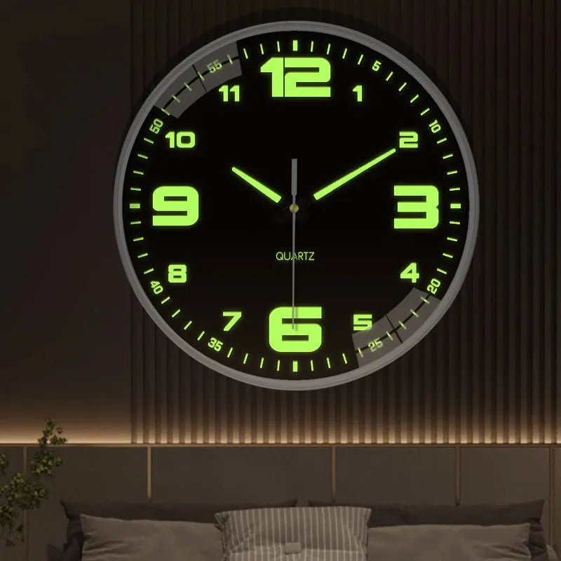 Modern 8-inch luminous wall clock with white dial on a plastic shell, mounted on a wall.